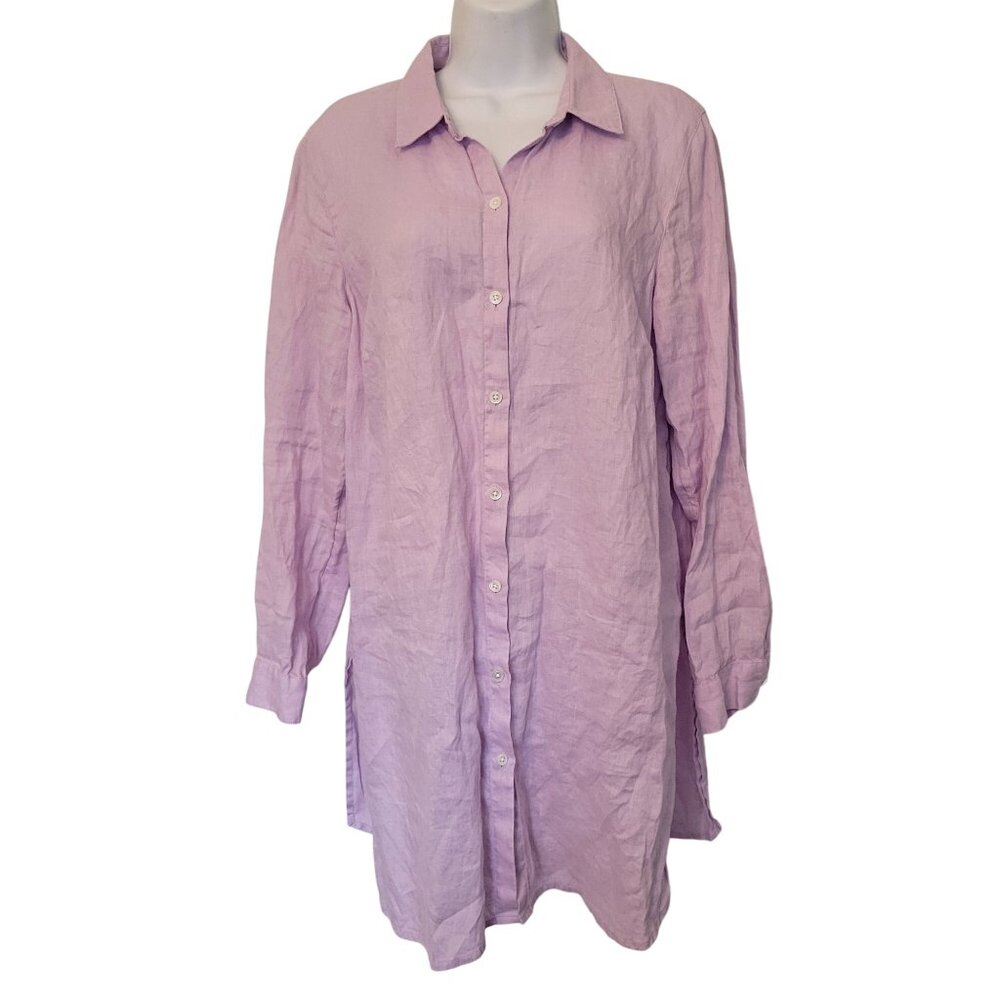 J Jill Love Linen M Button‎ Down Tunic Shirt Purple Long Sleeve Beach Cover Up
